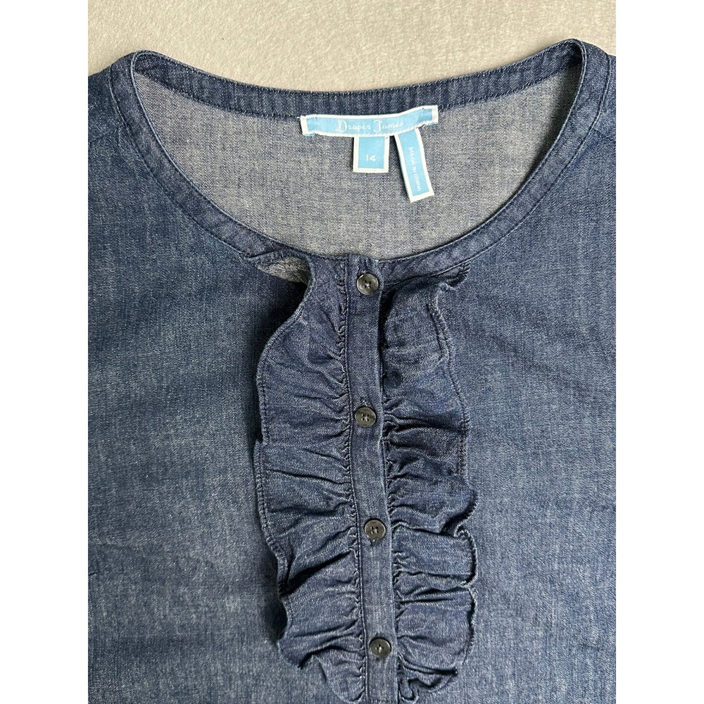 Draper James Blue Denim Ruffle Front Bell Sleeve Shift Dress Size 14 Cotton - Picture 3 of 7